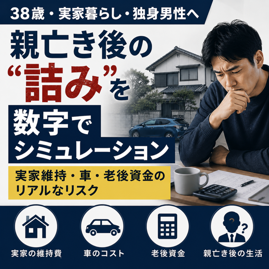 38歳実家暮らし独身男性が親亡き後の生活費や実家維持費を考えて悩むイメージ