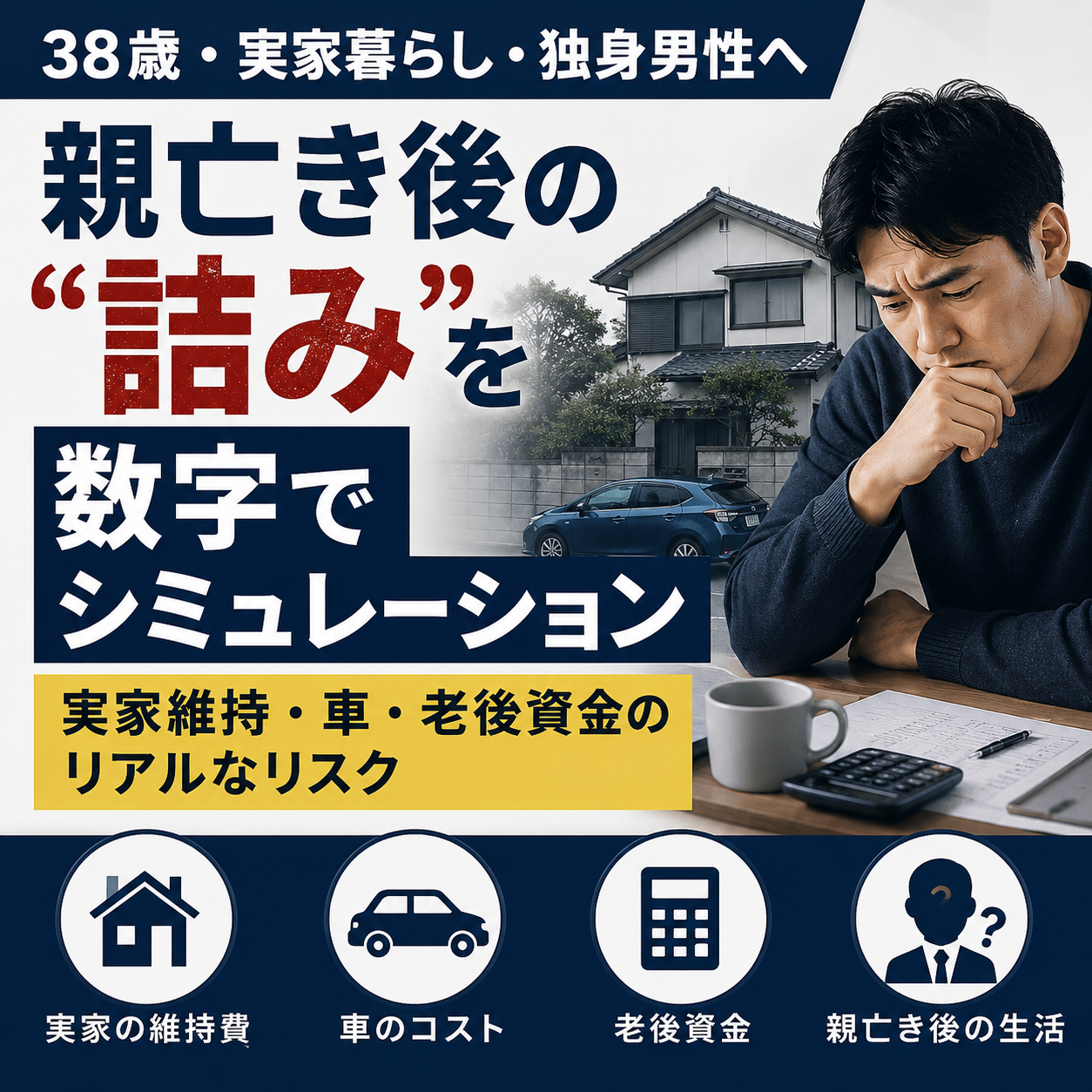 38歳実家暮らし独身男性が親亡き後の生活費や実家維持費を考えて悩むイメージ
