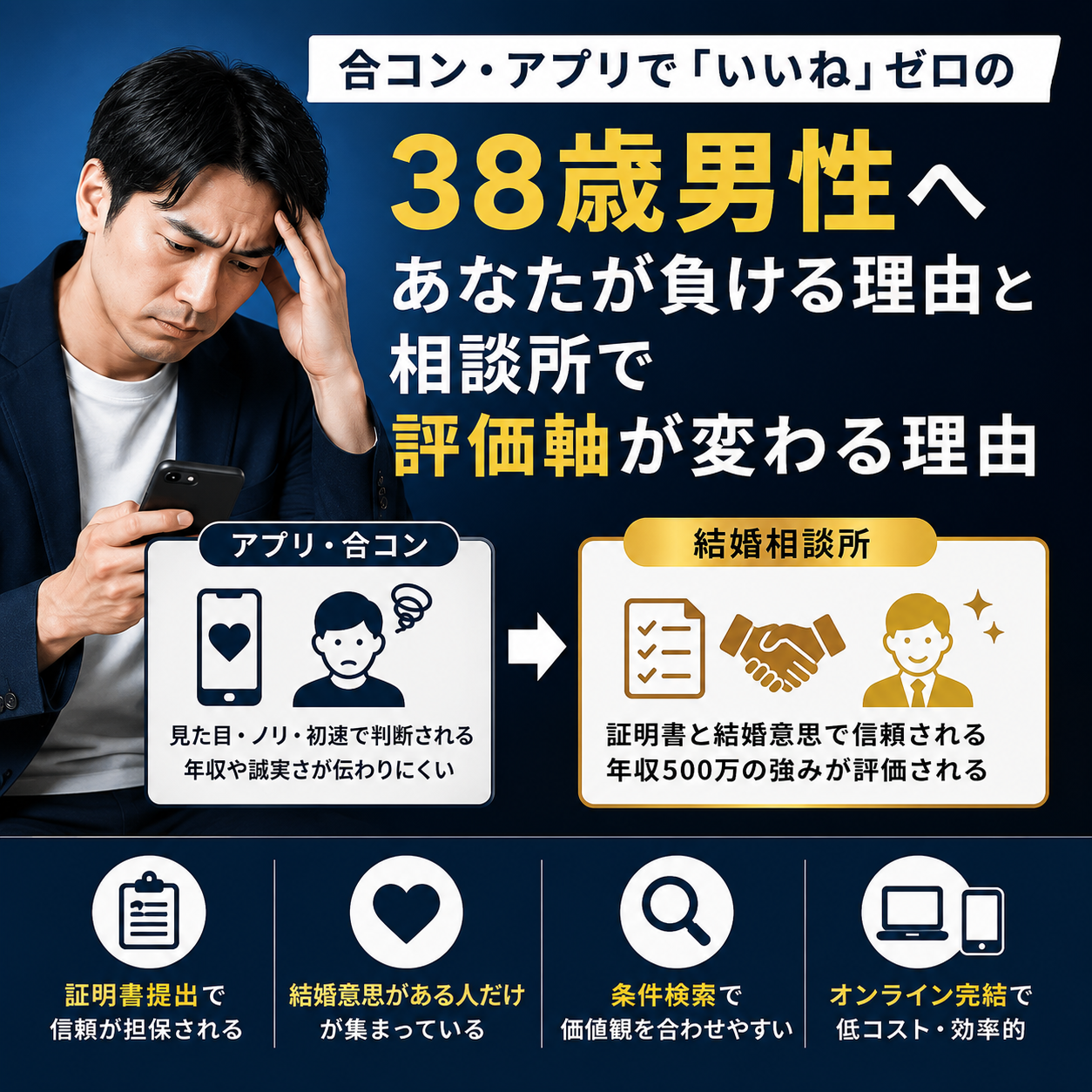 マッチングアプリでいいねが来ない38歳男性が相談所との評価軸の違いを考えるイメージ